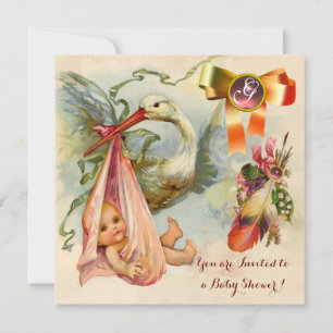 PINK STORK GIRL BABY DUSCHE, GEMSTONE MONOGRAM EINLADUNG