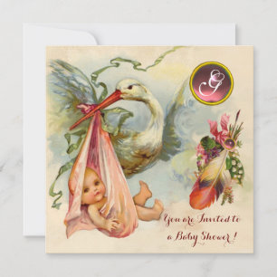 PINK STORK GIRL BABY DUSCHE, GEMSTONE MONOGRAM EINLADUNG
