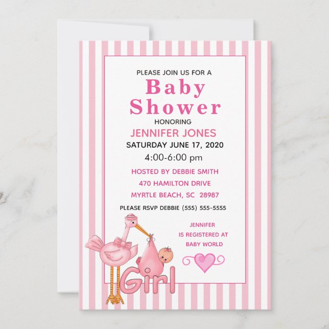 Pink Stork mit Baby Bundle Baby Dusche Einladung (Vorderseite)
