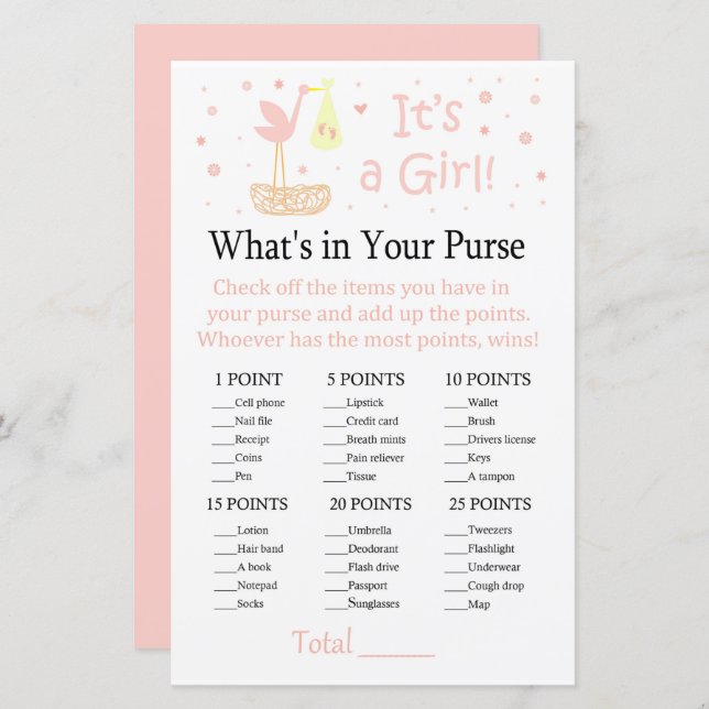 Pink Stork Nest Was ist in deinem Geldbeutel-Spiel (Vorne/Hinten)