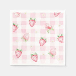 Pink Strawberries Gingham Berry First 1st Birthday Serviette