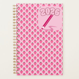 Pink Strawberries Planner, Cute Fruit Aesthetic Planer