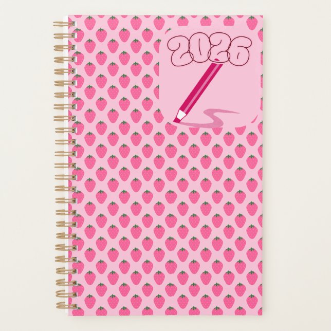 Pink Strawberries Planner, Cute Fruit Aesthetic Planer (Vorderseite)