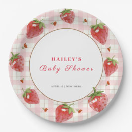 Pink Strawberry Berry Sweet Gingham Baby Dusche Pappteller