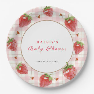 Pink Strawberry Berry Sweet Gingham Baby Dusche Pappteller
