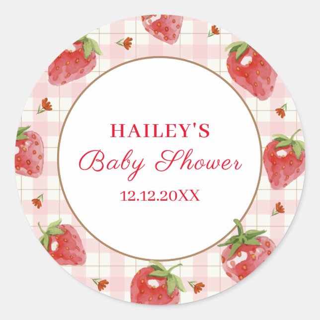 Pink Strawberry Berry Sweet Gingham Baby Dusche Runder Aufkleber (Vorderseite)