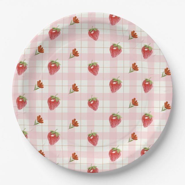 Pink Strawberry Berry Sweet Gingham Party Pappteller (Vorderseite)
