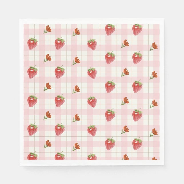Pink Strawberry Berry Sweet Gingham Party Serviette (Vorderseite)