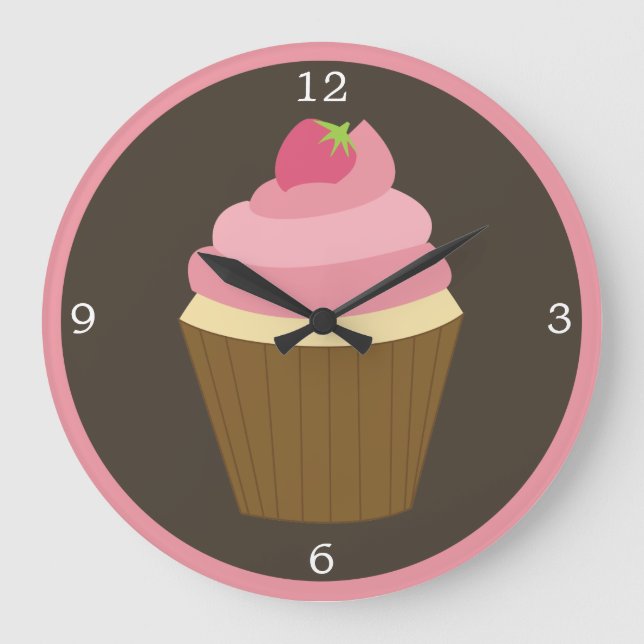 Pink Strawberry Cupcake Große Wanduhr (Vorderseite)