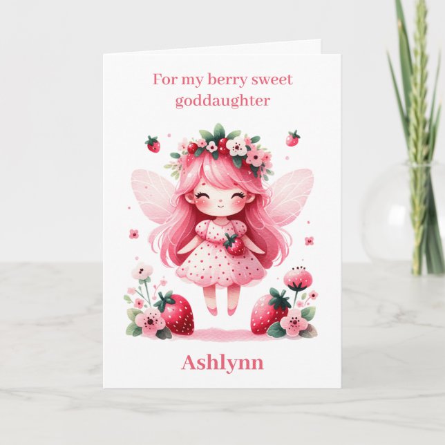 Pink Strawberry Fairy Berry Birthday Godtochter Karte (Vorderseite)