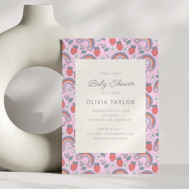 Pink Strawberry Rainbow Retro Baby Shower Einladung (Von Creator hochgeladen)