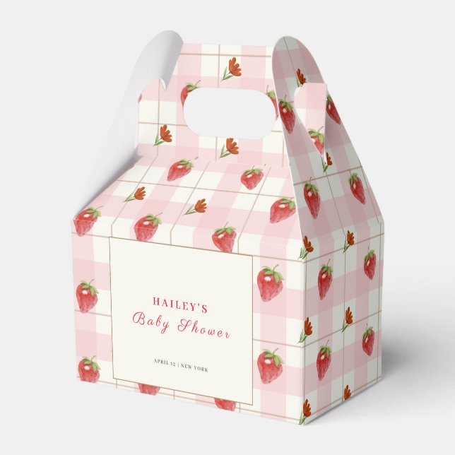 Pink Strawberry Sweet Gingham Baby Dusche Geschenkschachtel (Vorderseite)