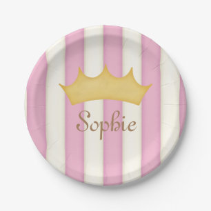 Pink Streifen Personalisiert Name Princess Crown P Pappteller
