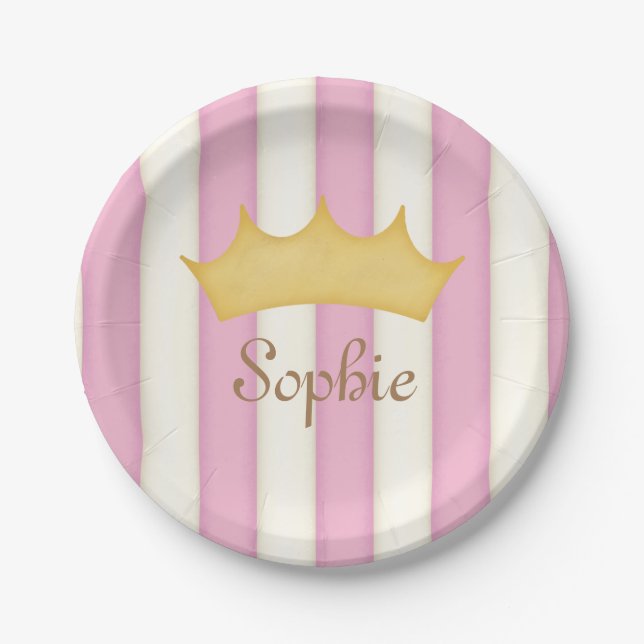 Pink Streifen Personalisiert Name Princess Crown P Pappteller (Vorderseite)
