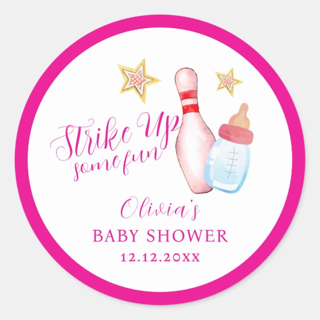 Pink Strike Up Some Fun Bowling Sport Baby Shower  Runder Aufkleber (Vorderseite)