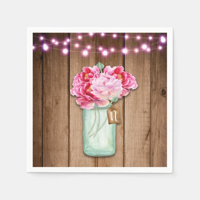 Pink String Lights & Mason Jar Blume Rustikales Ho Serviette (Vorderseite)