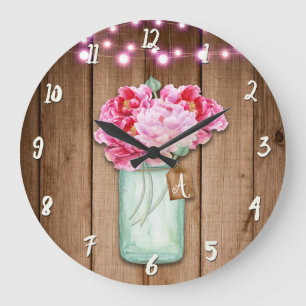 Pink String Lights & Mason Jar Flowers Rustic Wood Große Wanduhr