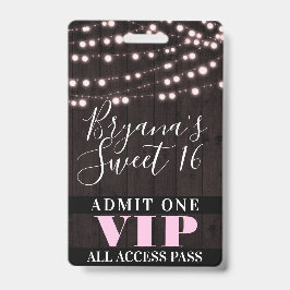 Pink String Lights Sweet 16 Party VIP Pass Ausweis