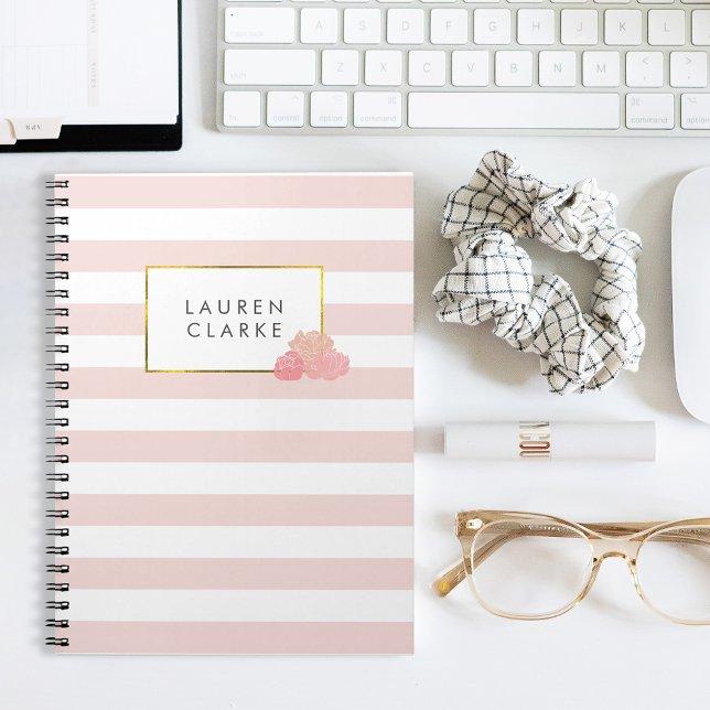 Pink Strip & Blush Peony Notebook Notizblock (Von Creator hochgeladen)