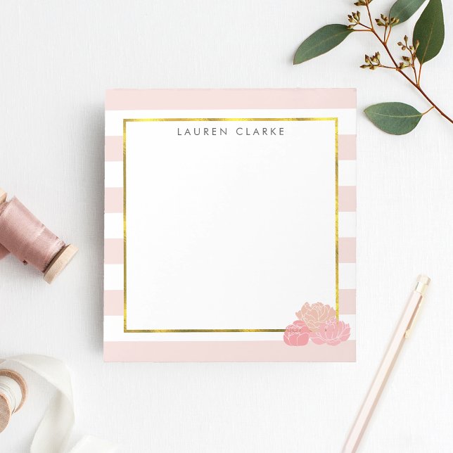 Pink Strip & Blush Peony Personalisiert Notepad Notizblock (Von Creator hochgeladen)