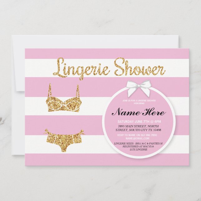 Pink Strip & Gold Lingerie Dusche Bridal Einladung (Vorderseite)