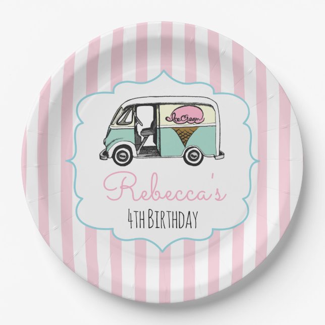 Pink Strip Ice Truck Birthday Paper Teller (Vorderseite)
