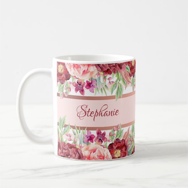 Pink Stripe Burgundy Personalisierter Name Kaffeetasse (Links)