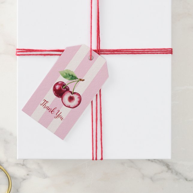 Pink Stripe Cherry Illustration Thank You Tag Geschenkanhänger (Von Creator hochgeladen)