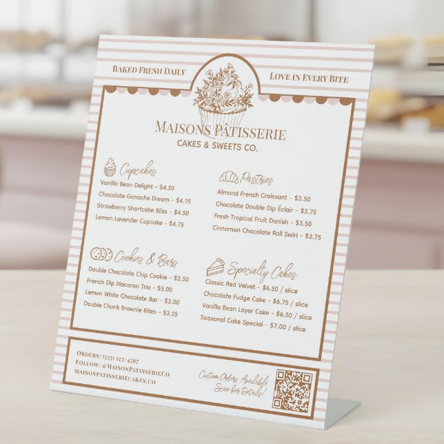 Pink Stripe Cupcake Pastry Bakery Menu Price List Sockelschild (Pink Stripe Cupcake Pastry Bakery Menu Price List Pedestal Sign)