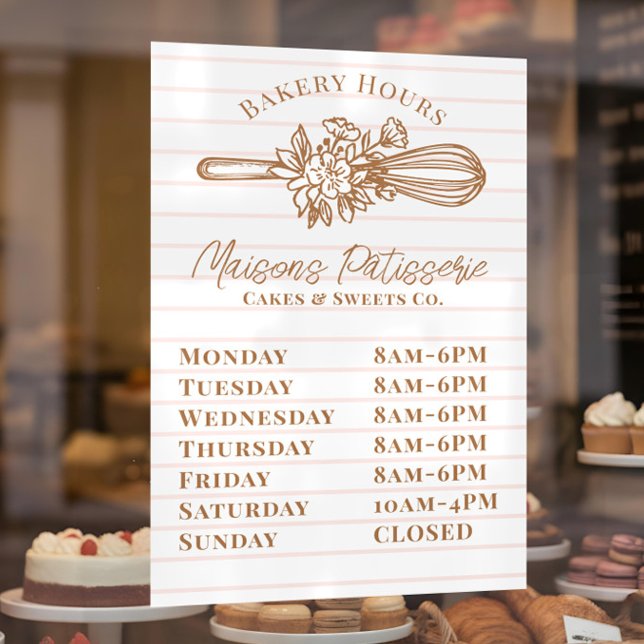 Pink Stripe Floral Whisk Bakery Shop Store Hours Fensteraufkleber (Pink Stripe Floral Whisk Bakery Shop Store Hours Window Cling)