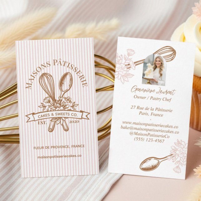 Pink Stripe Floral Whisk Spoon Pastry Bakery Chef Visitenkarte (Pink Stripe Floral Whisk Spoon Pastry Bakery Chef Business Card)