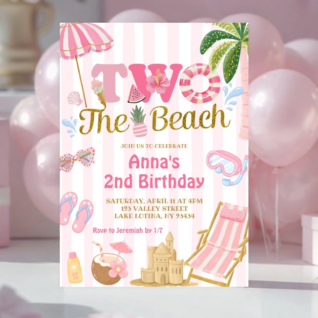 Pink Stripe Fun Zwei Strand Einladung (Von Creator hochgeladen)