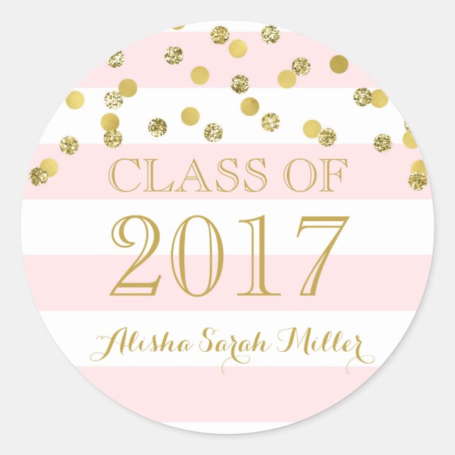 Pink Stripe Gold Confetti Abschluss Class of 2017 Runder Aufkleber (Vorderseite)
