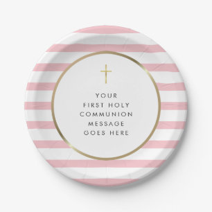 Pink Stripe Goldkreuz Heilige Kommunion Nachricht Pappteller