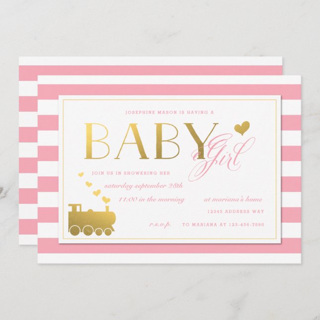 Pink Stripe Imitate Gold Train Baby Girls Dusche Einladung (Vorne/Hinten)