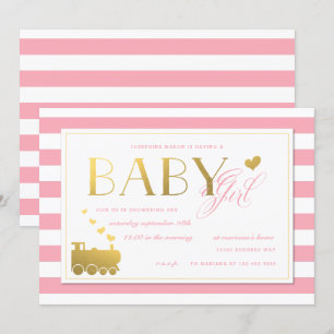 Pink Stripe Imitate Gold Train Baby Girls Dusche Einladung
