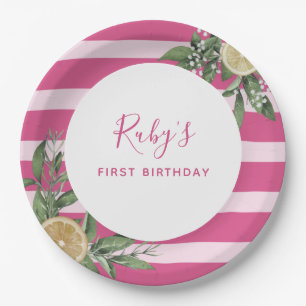 Pink Stripe Lemon Citrus Erster Geburtstag Party Pappteller
