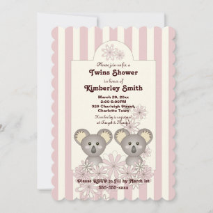 Pink Stripe Niedlich Koala Twin Girl Babydusche Einladung