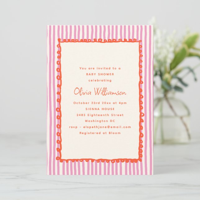 Pink Stripe Orange Wavy Doodle Border Baby Shower Einladung (Stehend Vorderseite)
