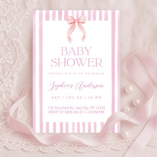 Pink Striped Bow Baby Shower Einladung