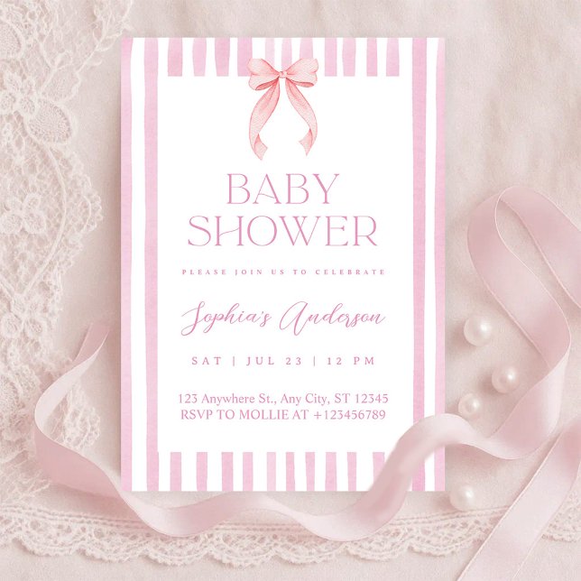 Pink Striped Bow Baby Shower Einladung (Von Creator hochgeladen)
