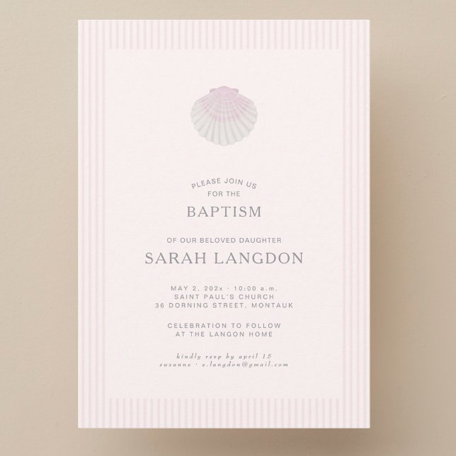 Pink striped coast shell baptism Invitation Einladung (Von Creator hochgeladen)