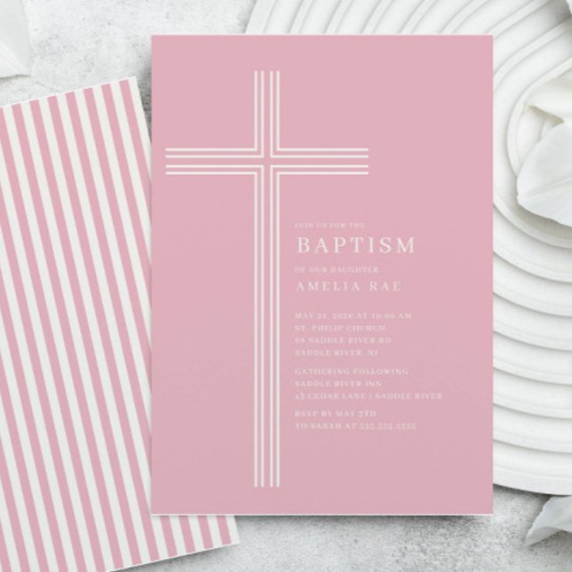 Pink Striped Cross Baptism  Einladung (Von Creator hochgeladen)