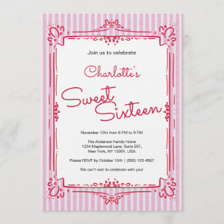 Pink Striped Glam Princess Sweet 16 Party  Einladung