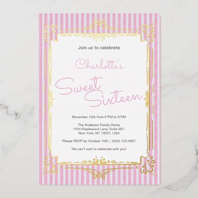 Pink Striped Glam Princess Sweet 16 Party  Folieneinladung (Vorderseite)