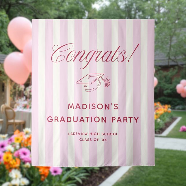 Pink Striped Preppy Graduation Congrats Wandteppich (Von Creator hochgeladen)