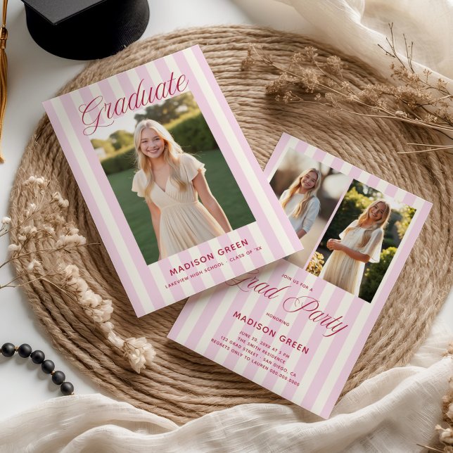Pink Striped Preppy Graduation Einladung (Von Creator hochgeladen)