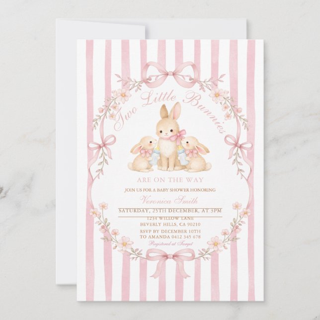 Pink Striped Twins Bunnies Baby Shower Invitation Einladung (Vorderseite)