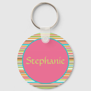 Pink Stripes Anpassbarer Name Button-Schlüsselanhä Schlüsselanhänger