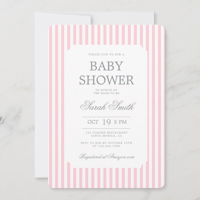 Pink Stripes Baby Shower girl Invitation Einladung (Vorderseite)